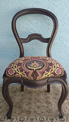 #ad Antique Dining Chair In Mahogany Balloon Back With Fun Brown Pink Tapestry Seat $229.00