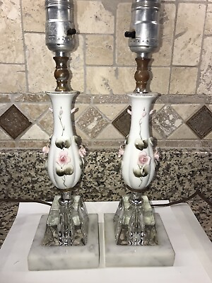 #ad Vtg Pair of Porcelain amp; 3D Rose Lamp Pair Glass Marble Base japan $32.00