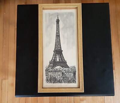 #ad Eiffel Towel Black and White Sketch Print in Vintage Mid Century Frame $62.00