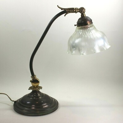 #ad Antique Brass or Bronze Desk Student Banker Adjustable Lamp w Glass Shade $157.50