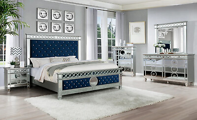 #ad NEW Modern 5PC Blue Velvet Mirrored Queen King Bedroom Set Furniture B D M N C $2199.99