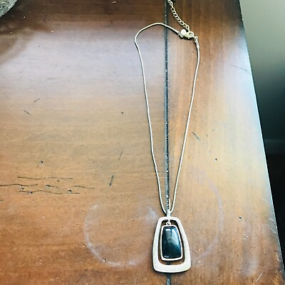 #ad Silver Tone Necklace Cabochon Onyx Like Stone Rectangle Adjustable KR Geometric $12.71