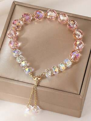 #ad 1pc Fashionable Pink Natural Crystal Pink Beaded Bracelet Women Bracelet $6.32