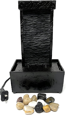 #ad 9.6quot; H Curved Black Slate Tabletop Water Fountain with Natural River Rocks and L $30.88