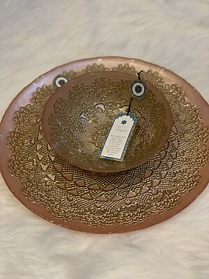 #ad Turkish Glass Pink Bowl And Plater Serving Dinner Gold Lace Print Handmade $59.00