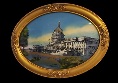 #ad Antique Reverse Painting on Convex Glass U.S. Capital Building Washington DC $125.00