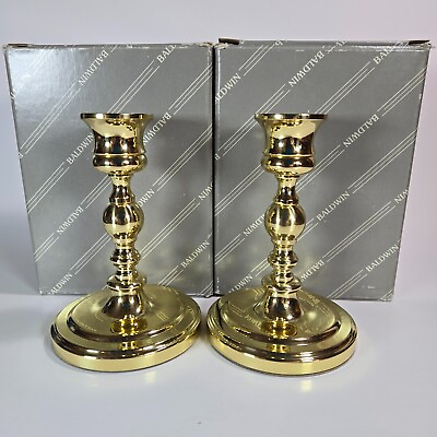 #ad Baldwin No. 7205 Polished Brass Round Base Candlesticks Set of Two 5quot; Tall New $49.99