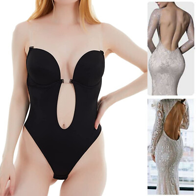 #ad Backless Shapewear Womens Sexy U Plunge Seamless Thong Full Bodysuit Deep V Neck GBP 8.79