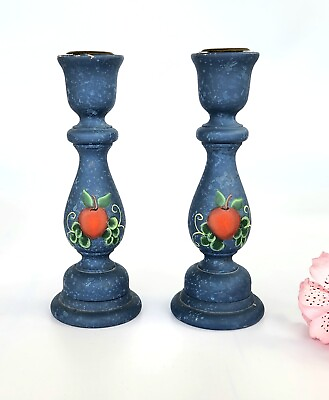 #ad Vintage Pair Wooden Hand Painted Candlestick Holder Beautiful Shape $30.00