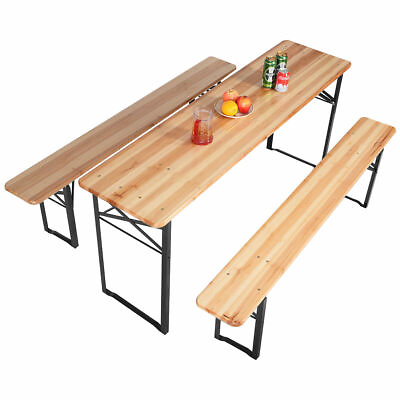 #ad 3 PCS Beer Table Bench Set Folding Wooden Top Picnic Table Patio Garden New $139.49