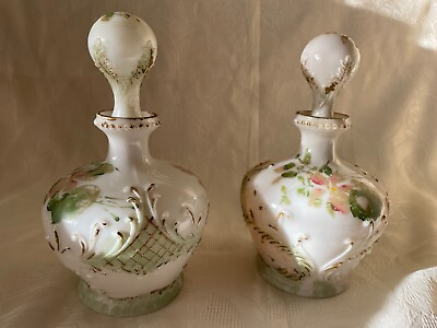 #ad Pair of Vintage Milk Glass Hand Painted Decanters w Stoppers $38.00