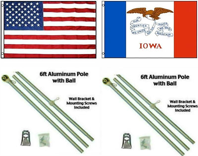 #ad 3x5 USA American amp; State of Iowa Flag Aluminum Pole Kit Ball Top 3#x27;x5#x27; $36.94