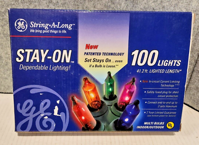 #ad 2002 New GE 100 String A Long Stay On Lights Multi Indoor Outdoor 41.2Ft long $20.00