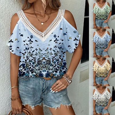 #ad Womens Cold Shoulder Print T Shirt Ladies Summer Casual Loose Tops Blouse Tee $17.63