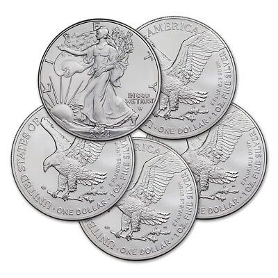 #ad 2024 1 oz American Silver Eagle Coin BU Lot of 5 Coins $172.45
