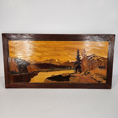 #ad Vintage Inlaid Marquetry Wood Inlay Picture 11quot; x 22quot; Forest Log Cabin Americana $59.99