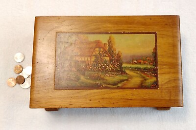 #ad Vintage Wood Box with Hinged Lid and Cottage Motif Jewelry Box $12.00