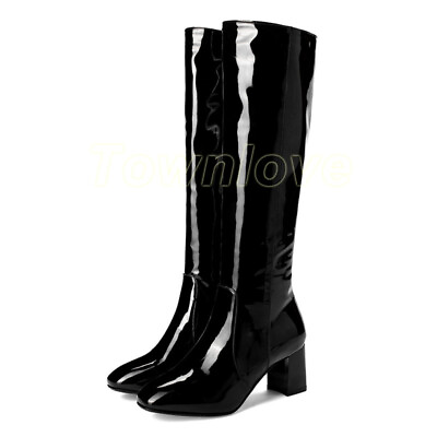#ad Women Patent Leather Boots Low Heels Booties Shoes Round Toe Side Zip US4 11.5 $46.00