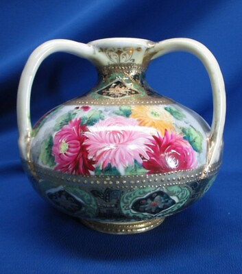 #ad HAND PAINTED NIPPON MULTI COLORED CHRYSANTHEMUMS amp; HEAVEY GOLD 3 HANDLE VASE $49.99