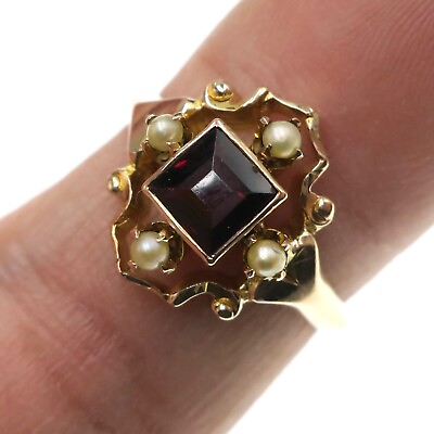 #ad Vintage DECO 14k Solid Yellow Gold Natural Garnet and Pearl Ring Size 6 $321.75