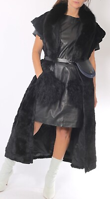 #ad Vintage Leather Short Sleeve Mongolian Fur Pockets Mini Dress Size M $119.99