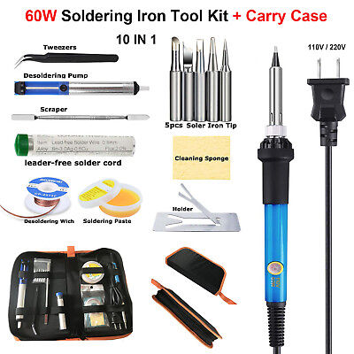 #ad 60W Soldering Iron Kit Electric Welder Gun Tool Solder Wire Tips Tweezer w Case $24.36