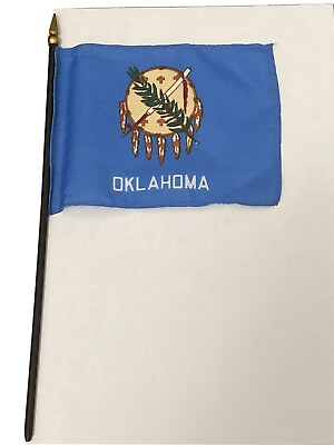 #ad New Oklahoma State Mini Desk Flag Black Wood Stick Gold Top 4” X 6” $8.00