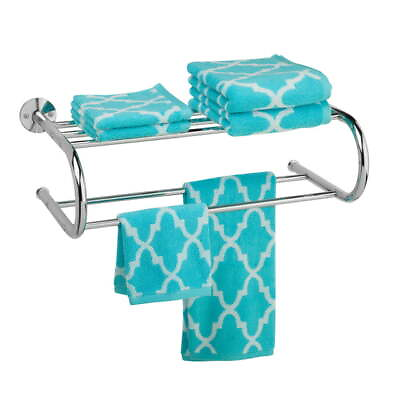 #ad Bath Steel Wall Mount Dual Towel Rack with Shelf Chrome $15.27