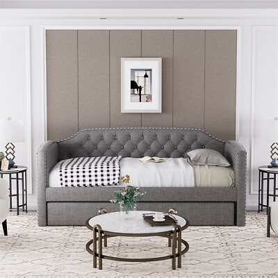 #ad Modern Upholstered Button Tufted Backrest Twin Size DayBed Frame w Trundle Bed $369.99