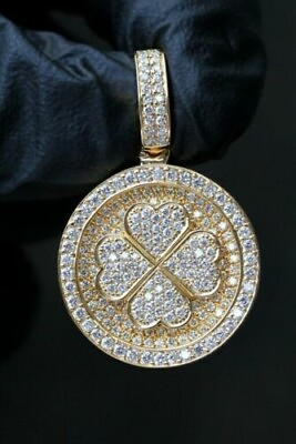 #ad Men#x27;s 4 Clover Leaf Simulated Diamond Pendant 14k Yellow Gold Plated Silver $256.00