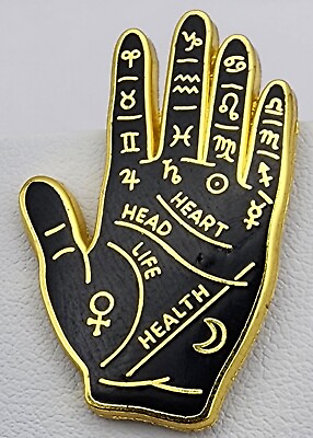#ad Palm Reading Gold Black Enamel Symbols Heart Head Life Health $13.94