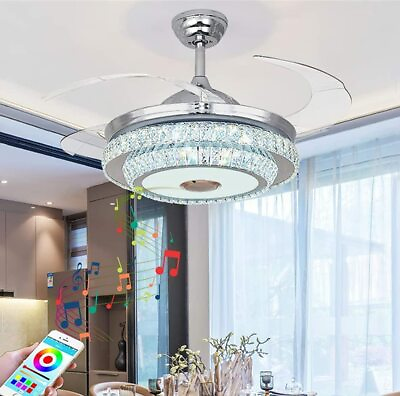 #ad 42quot; Crystal Ceiling Fan Light Bluetooth Speaker 7 Color Music Ceiling Chandelier $119.31