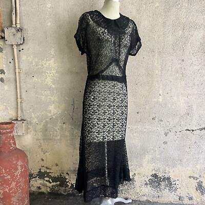#ad Vintage 1930s Sheer Black Silk Chantilly Lace Dress Spiderweb Full Length $120.00