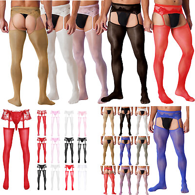 #ad US Men#x27;s Sissy Sheer Mesh Hollow Out Pantyhose Floral Lace Patchwork Stockings $5.45