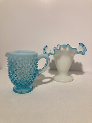 #ad Fenton Aqua Blue Opalescent Hobnail Creamer amp; Fenton Ruffled Milk Glass Vase $31.00