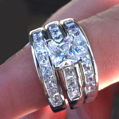 #ad 14k White Gold Sterling Princess Diamond cut Engagement Ring Wedding Set $99.00