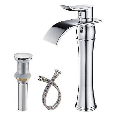 #ad Chrome Vessel Sink Faucet Tall Bathroom Waterfall with Pop Up Drain Assembly ... $114.38