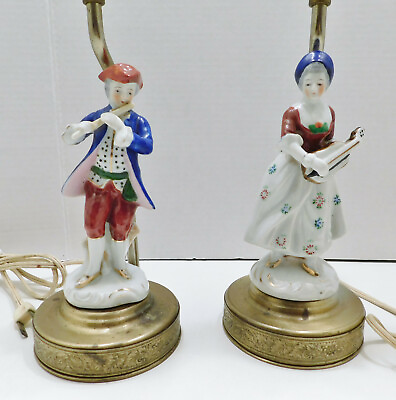 #ad Pair Vintage Lamps Porcelain Colonial Man amp; Woman Flute Mandolin Brass Base 12quot; $55.99
