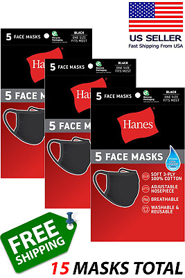 #ad Hanes 100% Cotton Fabric Reusable Face Mask Washable Comfortable 15 Masks BLACK $9.99
