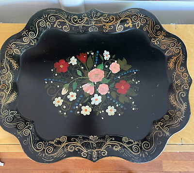 #ad VTG Black Tole Toleware Painted Tray Scalloped Floral Cottage Goth Boho 20quot;x25quot; $129.00