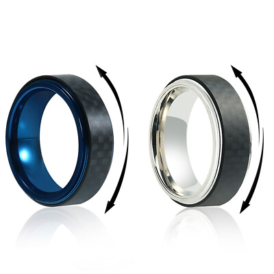 #ad Carbon Fiber Stainless Steel Fidget Spinner Ring For Men Women Blue Rotating $17.42