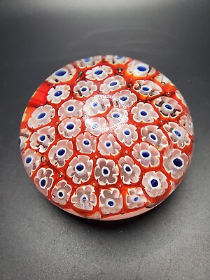 #ad Vintage Red Whit Blue Millefiori art glass paperweight 3quot; $28.95