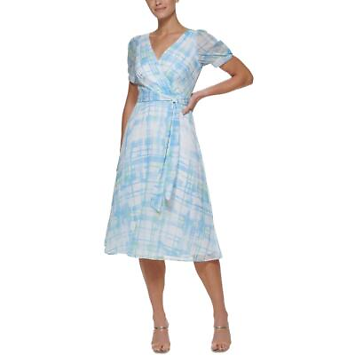 #ad DKNY Womens Blue Puff Sleeve Plaid Faux Wrap Midi Dress 8 BHFO 5068 $22.99