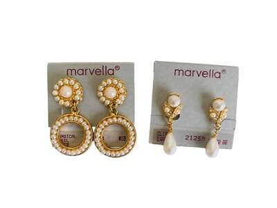#ad NEW Vintage Marvella Faux Pearl Earrings Dangle Clip On and Pierced Earrings $14.36