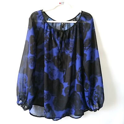 #ad KUT from the Kloth Womens Blue Black Balloon Sleeve Floral Sheer Blouse Size L $23.95