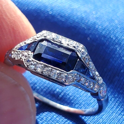 #ad Earth mined Sapphire Diamond Art Deco Platinum Engagement Ring Antique Size 5.75 $12750.00