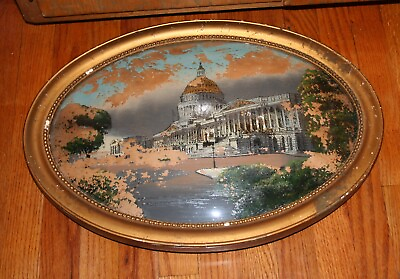 #ad Antique Reverse Painting Convex Glass Frame 22x16 AS IS $40.00