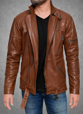 #ad New Mens Biker Leather Jacket Real Sheepskin For Daily Wear Brown Color Handmade $135.00