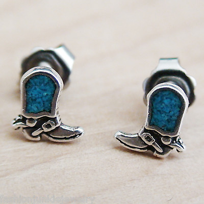 #ad Cowboy Boot Earrings 925 Sterling Silver Turquoise Post Cowgirl Western Texas $16.00
