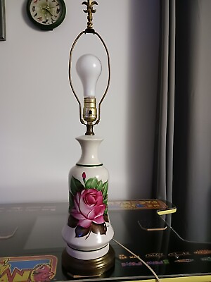 #ad Vintage Ceramic Hand Painted Rose Lamp. Artist Signed. $64.99